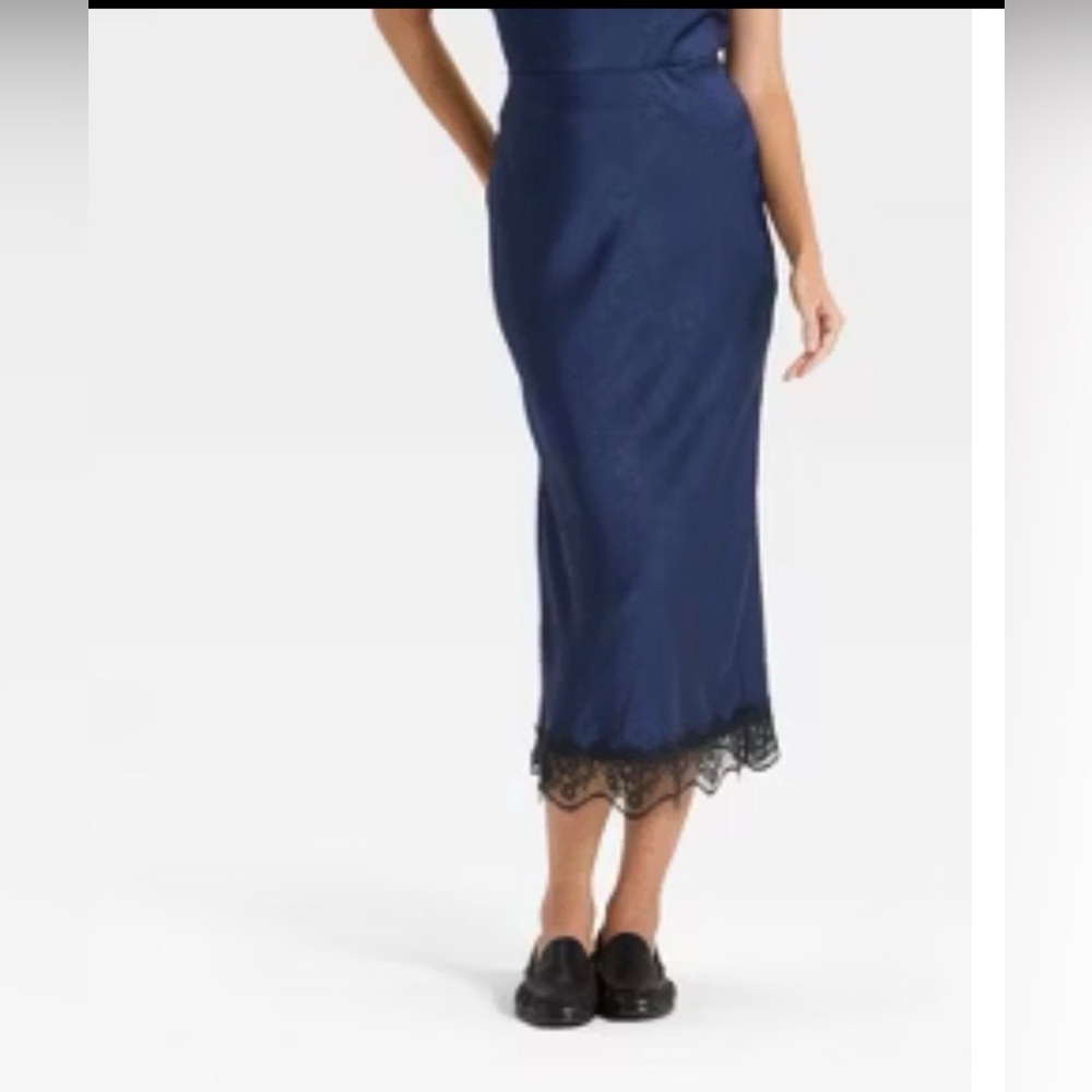 A New Day Navy Blue Lace Trim Midi Skirt satin skirt black lace hem sz Large